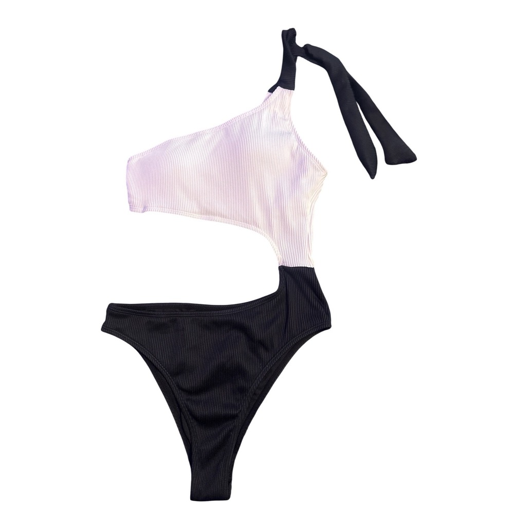 Pink Lily Black White Ribbed Cutout One Piece Swimsuit Tie Neck Size M